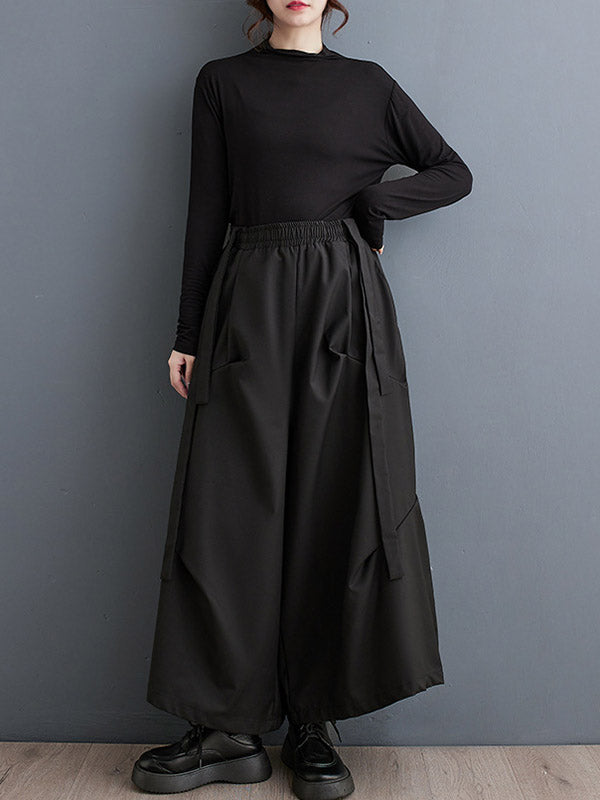 Elasticity Pleated Solid Color Split-Joint Streamer High Waisted Wide Leg Pants