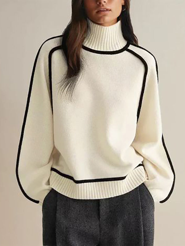 Contrast Color Split-Joint Long Sleeves Loose High Neck Sweater Tops Pullovers