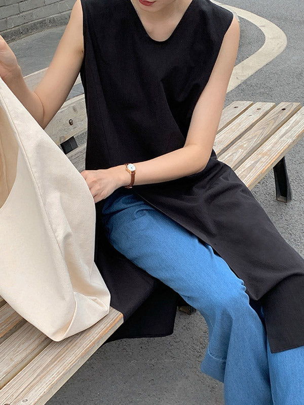 Solid Color Split-side Loose Sleeveless V-neck Vest Top