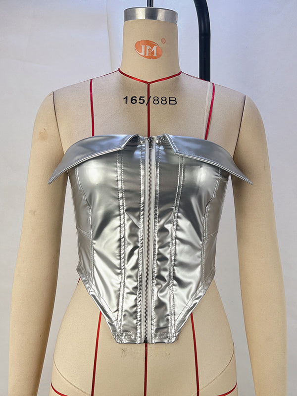 Solid Color Split-Joint Zipper Skinny Sleeveless Tube Vest Top