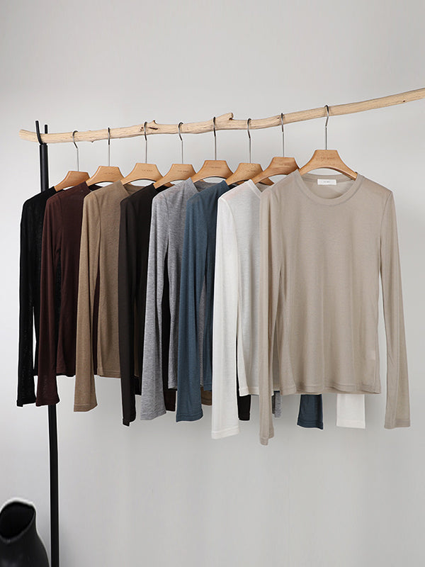 See-Through Solid Color Long Sleeves Skinny Round-Neck T-Shirts