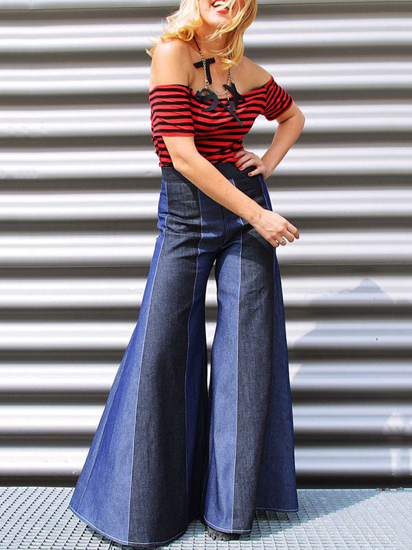 Contrast Color Zipper High Waisted Loose Jean Pants Bottoms Flared Trousers