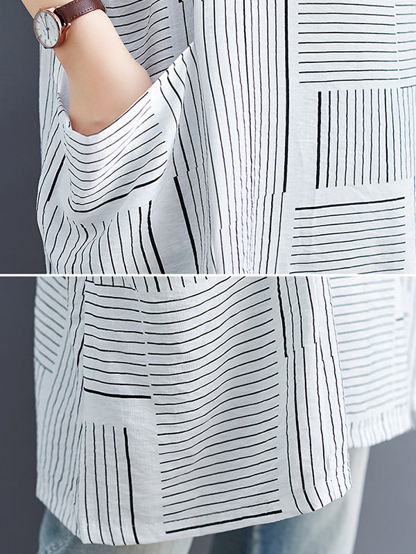 Plaid Striped Loose Short Sleeves Round-Neck T-Shirts Tops