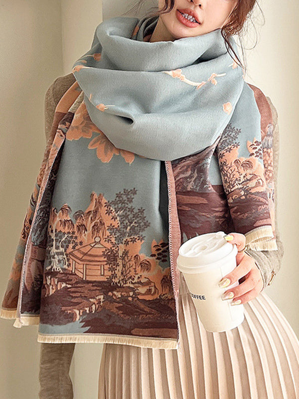 Floral Printed Tasseled Shawl&Scarf