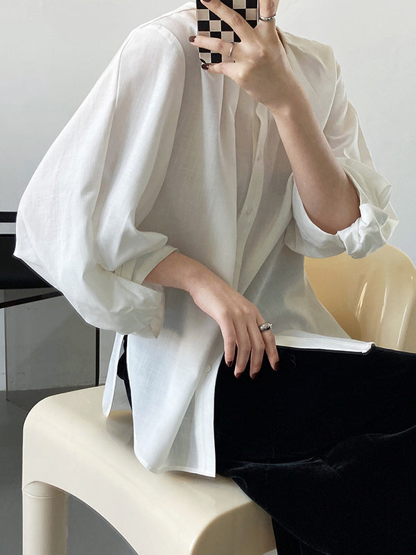 Pleated See-Through Solid Color Split-Joint High-Low Loose Round-Neck Blouses