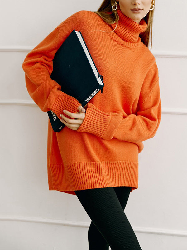 Casual Long Sleeves Loose Solid Color High-Neck Sweater Tops