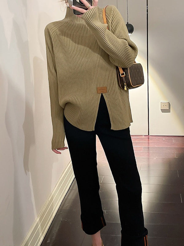 Split-Front Long Sleeves Loose Mock Neck Sweater Tops Pullovers