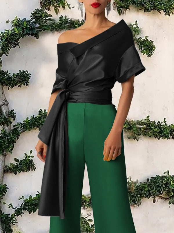 Ribbed Ruffled Solid Color Short Sleeves One-shoulder Blouses&shirts Tops