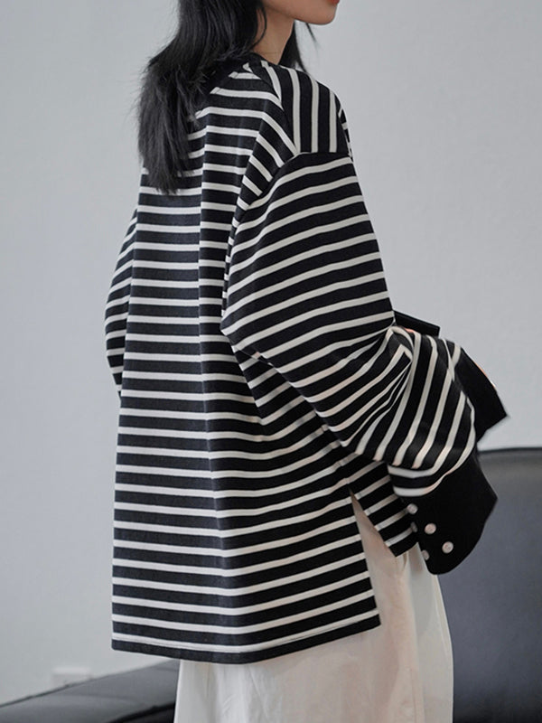 Contrast Color Split-Joint Split-side Striped Long Sleeves Loose Round-neck Sweatshirt Tops