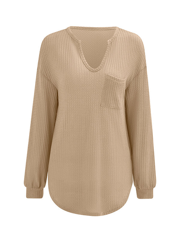 Pockets Solid Color Long Sleeves Loose V-Neck T-Shirts Tops