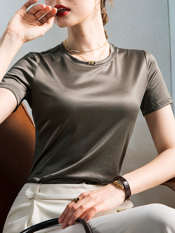 Shiny Solid Color Loose Short Sleeves Round-Neck T-Shirts Tops