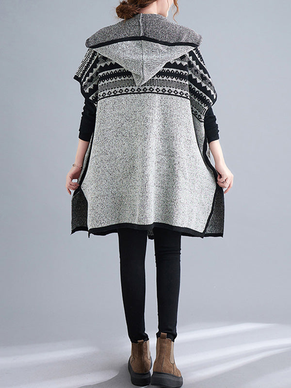 Artistic Retro Loose Casual With Pocket Hooded Short Sleeves Cardigan Outwear