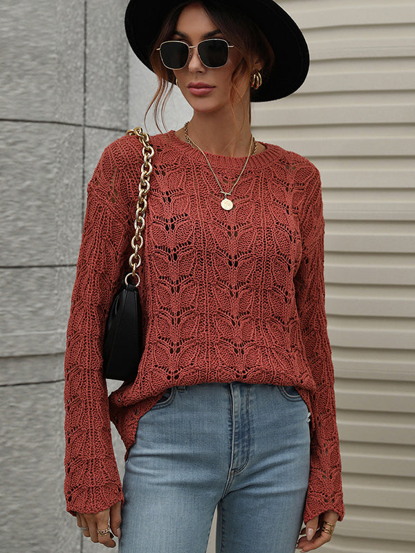 Original Creation Long Sleeves Loose Hollow Solid Color Round-Neck Sweater Tops