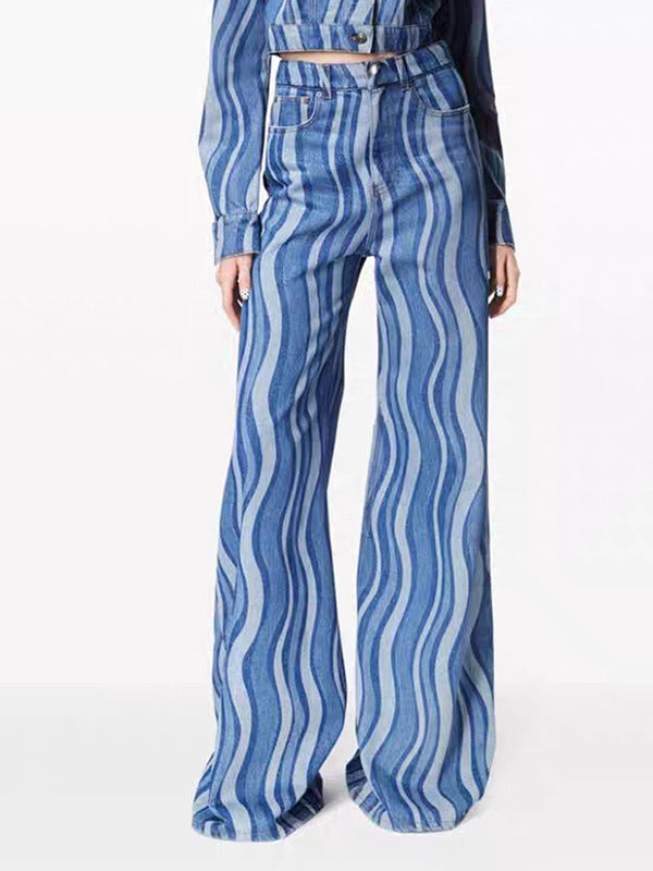 Split-Joint Striped Patterns High Waisted Loose Jean Pants Bottoms