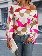 Asymmetric Elasticity Printed Long Sleeves Loose One-Shoulder Blouses&Shirts Tops