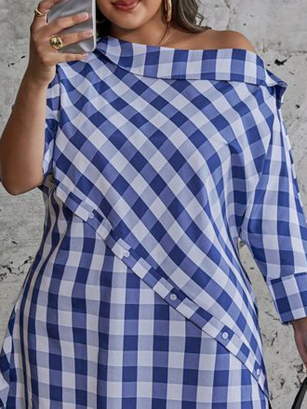Asymmetric Buttoned Plaid Half Sleeves Loose One-Shoulder Blouses&Shirts Tops