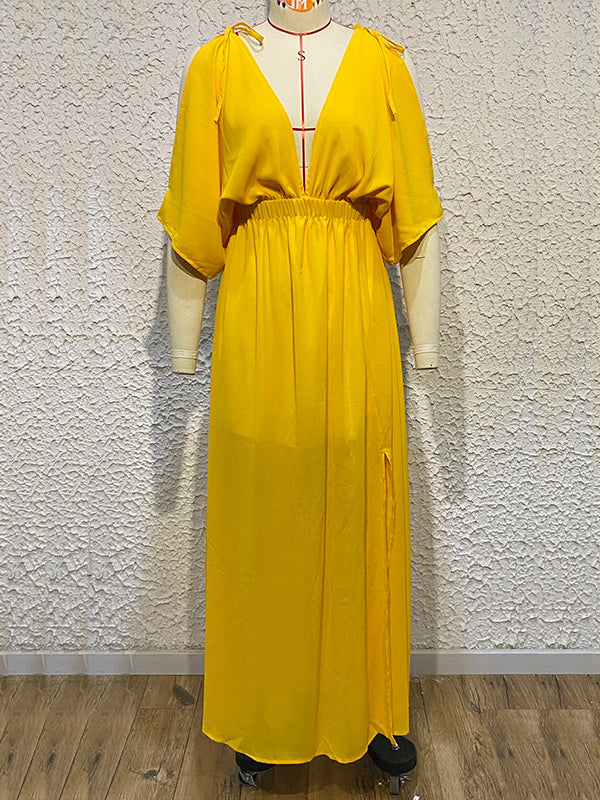 Solid Color Split-front Batwing Sleeves Loose Deep V-Neck Maxi Dresses