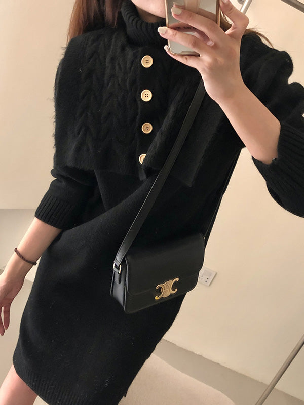 Original Stylish Buttoned Shawl High-Neck Long Sleeves Sweater Dress