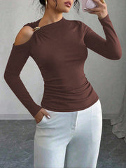 Asymmetric Solid Color Long Sleeves Skinny Asymmetric Neckline T-Shirts
