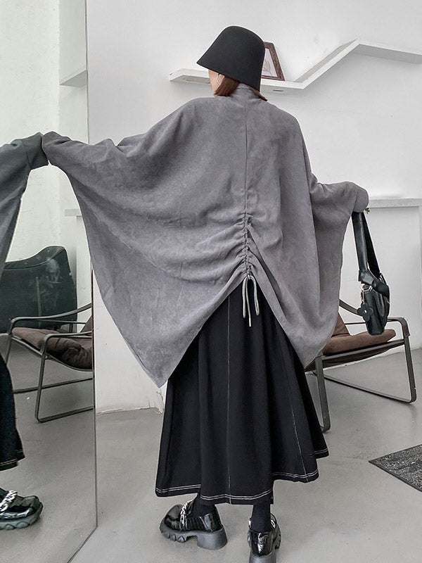 Casual Batwing Sleeves Loose Drawstring Zipper Stand Collar Jackets&Coats