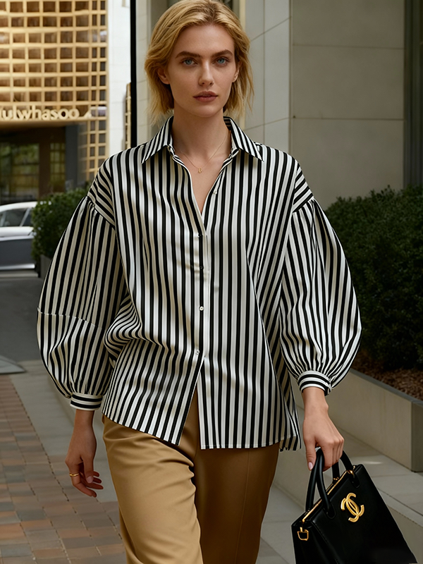Long Sleeves Loose Buttoned Contrast Color Split-Joint Striped Lapel Blouses&Shirts Tops