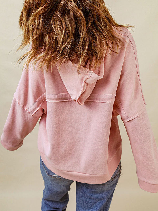 Buttoned Split-Joint Velvet Hooded Long Sleeves Sweatshirt Tops