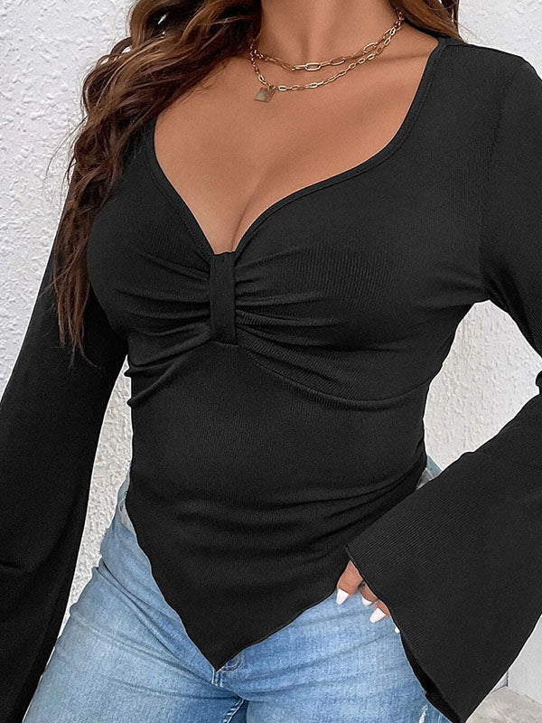 Pleated Solid Color Flared Sleeves Long Sleeves Deep V-Neck T-Shirts Tops