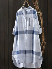Contrast Color Plaid Sun Protection Long Sleeves Loose Lapel Collar Blouses&Shirts Tops