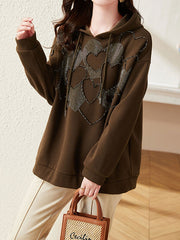 Drawstring Heart Print Rhine Stones Velvet Long Sleeves Loose Hoodies Tops