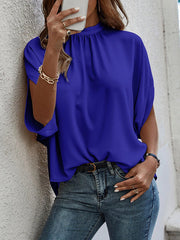 Lace-Up Pleated Solid Color Batwing Sleeves High-Low Stand Collar T-Shirts