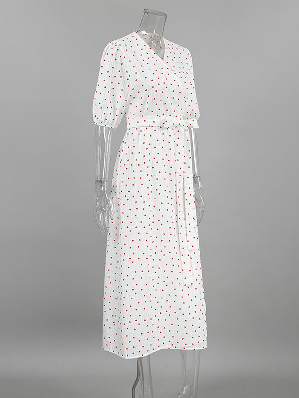Elasticity Heart Print Jacquard Polka-Dot Split-Joint Tied Waist A-Line High Waisted V-Neck Midi Dresses