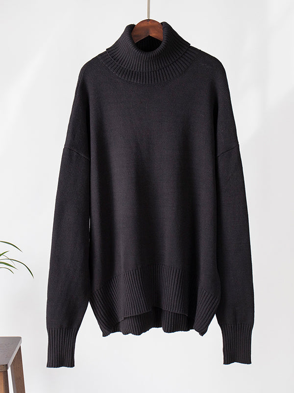 Solid Color Split-Joint High-Low Long Sleeves High Neck Sweater Tops