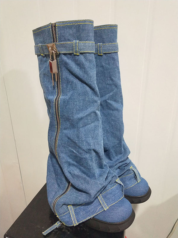 Buckle Round-Toe Zipper Boots