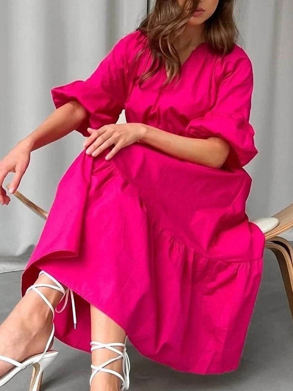 Elasticity Pleated Solid Color A-Line Half Sleeves V-Neck Midi Dresses