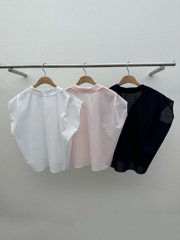 Solid Color Cap Sleeve Loose Lapel Blouses&Shirts Tops