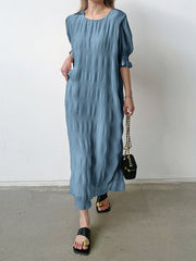 Pleated Solid Color Flared Sleeves Half Sleeves Round-Neck Midi Dresses