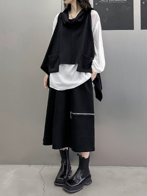 Pockets Solid Color Irregularity Loose Heaps Collar Vest Top T-Shirts