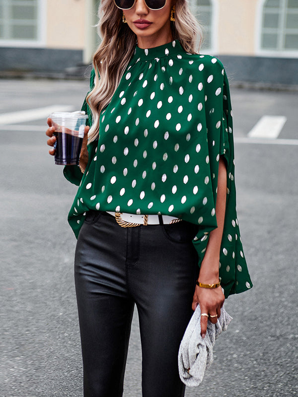 Bandage Polka Dot Loose Round-Neck Blouses&Shirts Tops