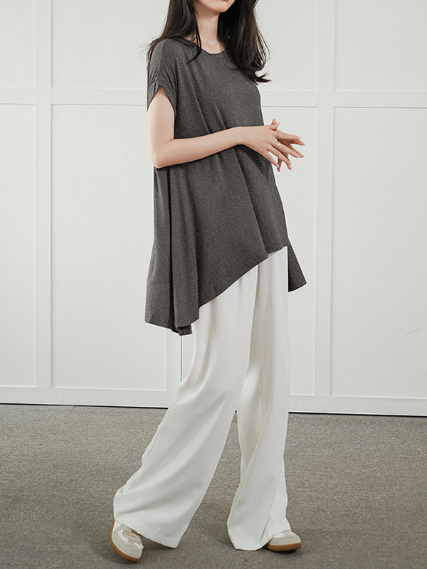 Asymmetric Solid Color High-Low Loose Round-Neck T-Shirts Tops