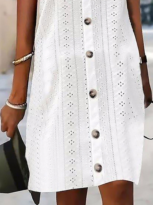 Buttoned Hollow Tied Loose Sleeveless Round-Neck Mini Dresses