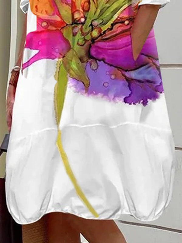 Floral Printed Split-Joint Long Sleeves Loose Lapel Shirt Dress Midi Dresses