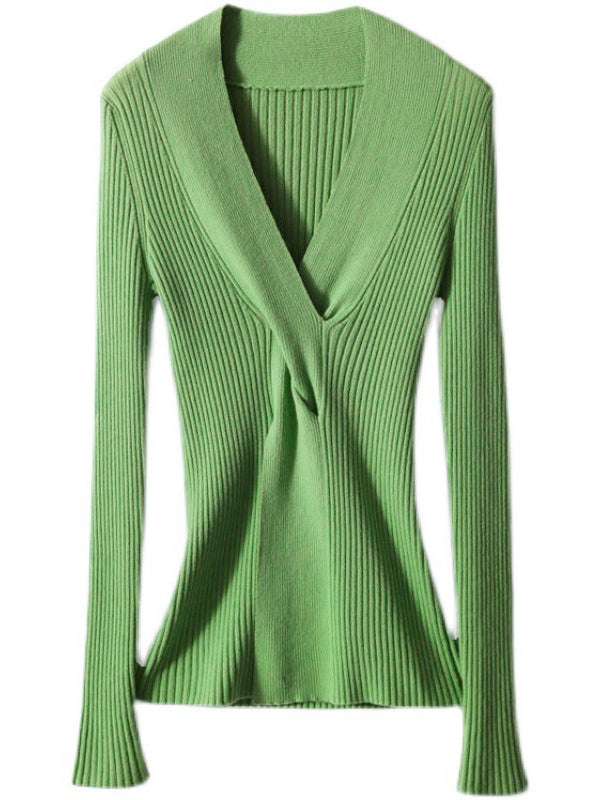 Urban Skinny Cross Twist Solid Color V-Neck Sweater Tops