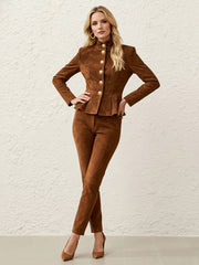 Buttoned Contrast Color Ruffled Split-Joint Elasticated Waist High Waisted Stand Collar Blouses&Shirts Tops Blazer