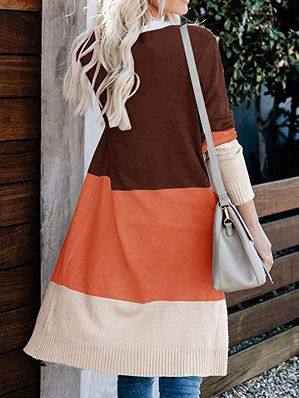 Contrast Color Long Sleeves Loose V-Neck Cardigan Tops