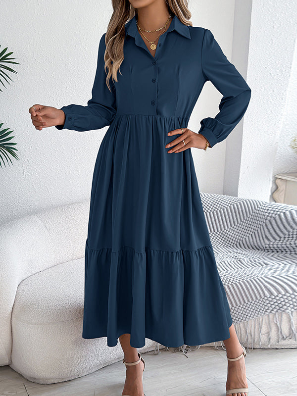 Pleated Ruffled Solid Color High Waisted Long Sleeves Lapel Shirt Dress Midi Dresses