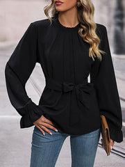 Elasticity Pleated Solid Color Tied Flared Sleeves Long Sleeves Round-neck Blouses&shirts Tops
