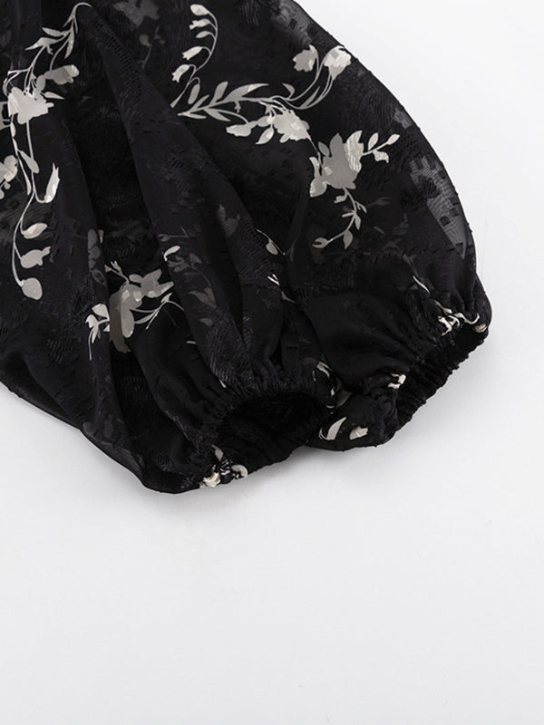 Gauze Jacquard Lace-Up Pleated See-Through Loose Puff Sleeves V-Neck Blouses&Shirts Tops