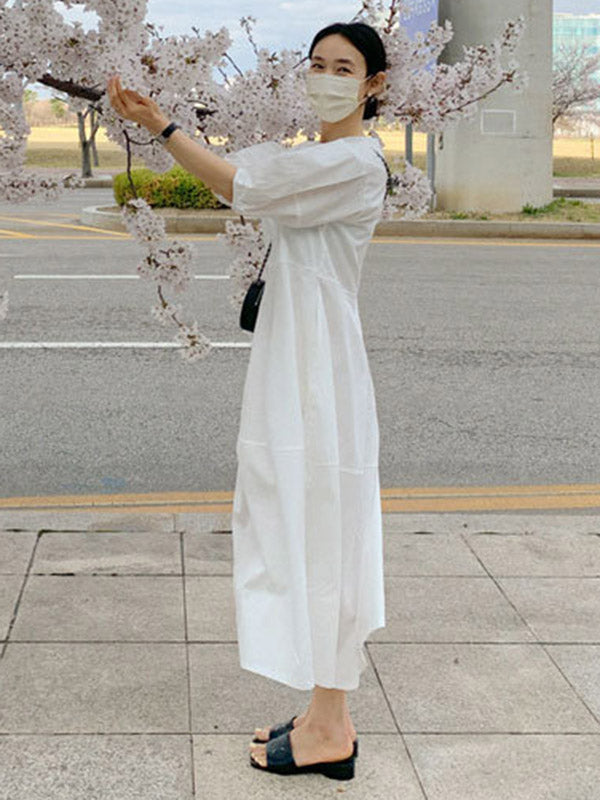 Casual Round-Neck Bishop Sleeve Loose Solid Color Midi Dress