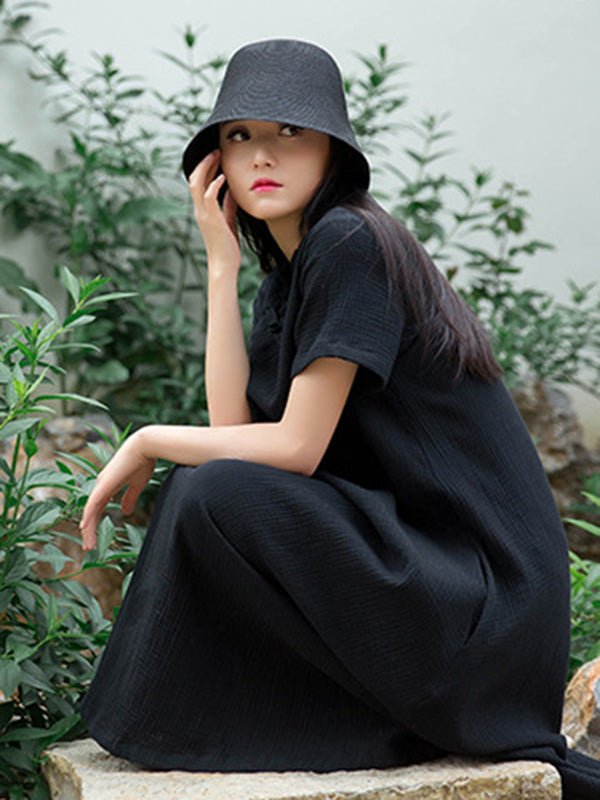 Frog Stand Collar Short Sleeve Loose Long Cheongsam