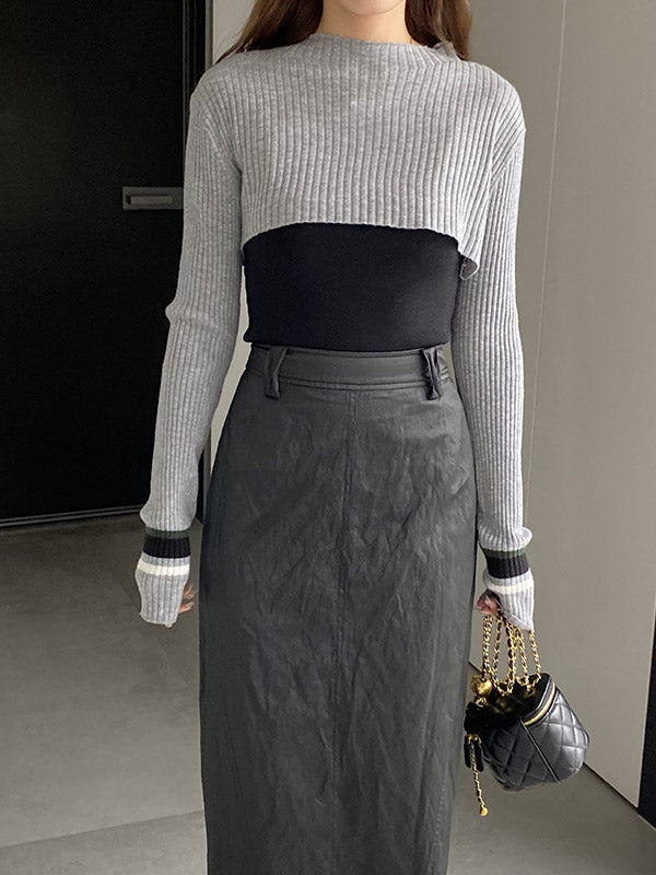 Contrast Color Long Sleeves Loose Round-Neck Two Pieces Set Cover-Ups Tops